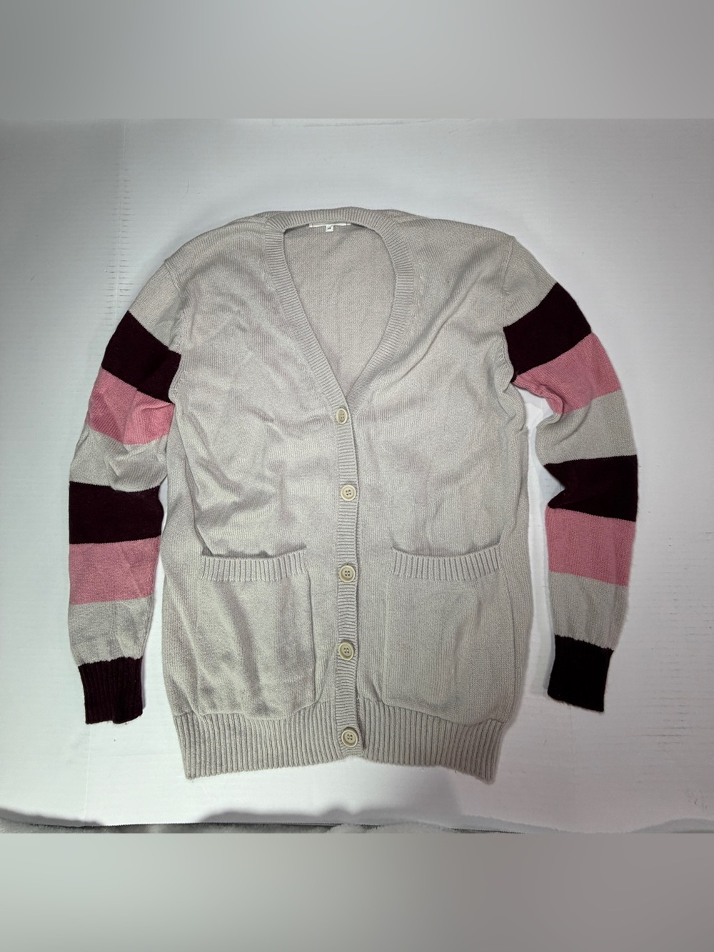 Chinti & Parker Cardigan with Pink and Burgundy Striped Sleeves Wool cashmere